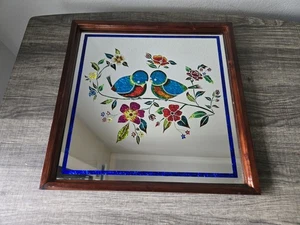 Vintage 70er 80er umgekehrt bemalt Spiegel Kunst irisierende Folie Liebe Vögel Blumen 13" - Bild 1 von 10