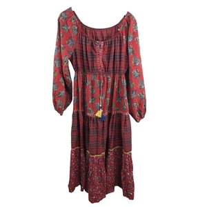 Young Edwardian by Arpeja Womens 1970s Tiered Tassel Midi Peasant Dress 11 Red - Picture 1 of 15