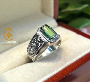 Anillo de turmalina natural de plata de ley 925 hecho a mano grabado a mano para hombre - Imagen 1 de 9