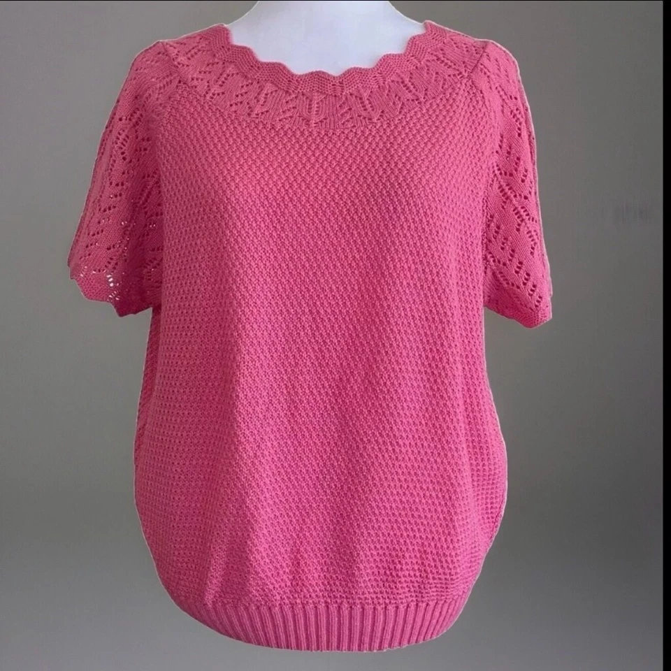 Vintage 90s Haband Pink Pointelle Knit Short Sleeve Lightweight Sweater Size L - Image 1 of 4
