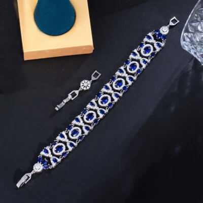 New Silver Plated Blue Cubic Zirconia Wide Tennis Bracelet Women Wedding Jewelry - Image 1 of 4