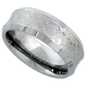 Tungsten Carbide 8 mm Concaved Wedding Band Ring Etched Celtic Dragon Pattern