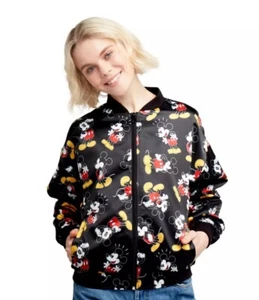 Disney Mickey & Co Bomber Jacket XS Mickey Mouse Print Black Oversized Zippered - Picture 1 of 18