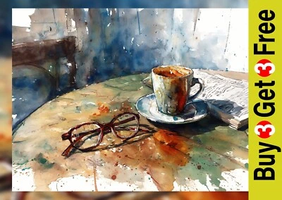 Café y vasos de la mañana impresión de 5"x7" en papel mate | arte de mesa de acuarela cálida Foto 1 de 4