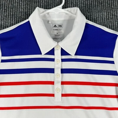 Adidas Womens Shirt Polo Medium White Striped Short Sleeve Golf Climalite - Image 1 of 4