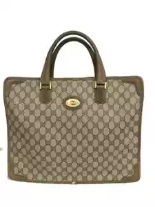 Vtg Gucci Brown Monogram Canvas Leather Trim Tote Gold Hardware Italy DS36 - Picture 1 of 14