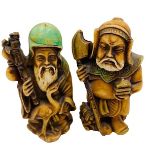 Guan Gong Warrior God & Shou Xing Resin Statues Figurine Set Resin Vintage 3” - Picture 1 of 22