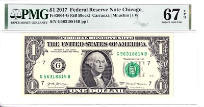 2017 $1 Federal Reserve Note Chicago PMG 67EPQ #G56318814B - Image 1 of 2