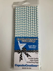 Straws Paper Light Blue Decorative Straws with Flags Biodegradable 24ct - Picture 1 of 3