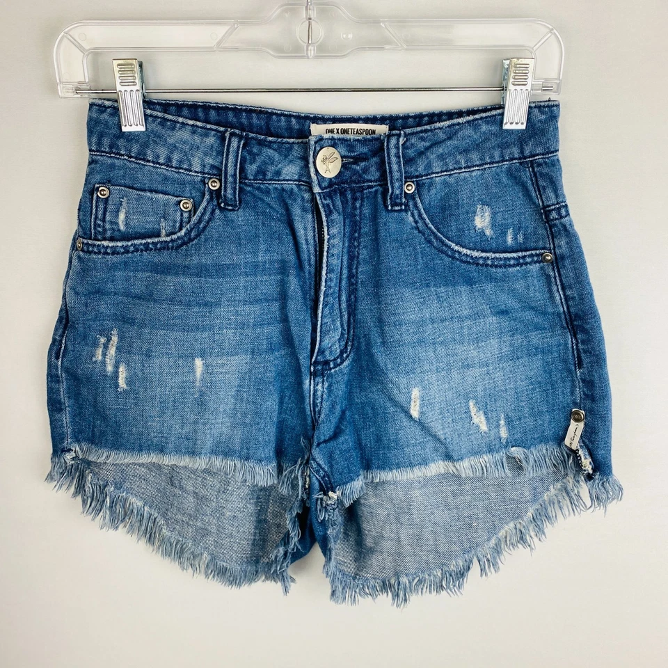 One by One Teaspoon High Waist Bonita Relaxed Fit Fringed Jean Shorts 25 - Image 1 of 4