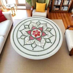 Handcrafted White Marble Coffee Table Top Mother of Pearl & Pink Gemstone Inlay - Picture 1 of 12
