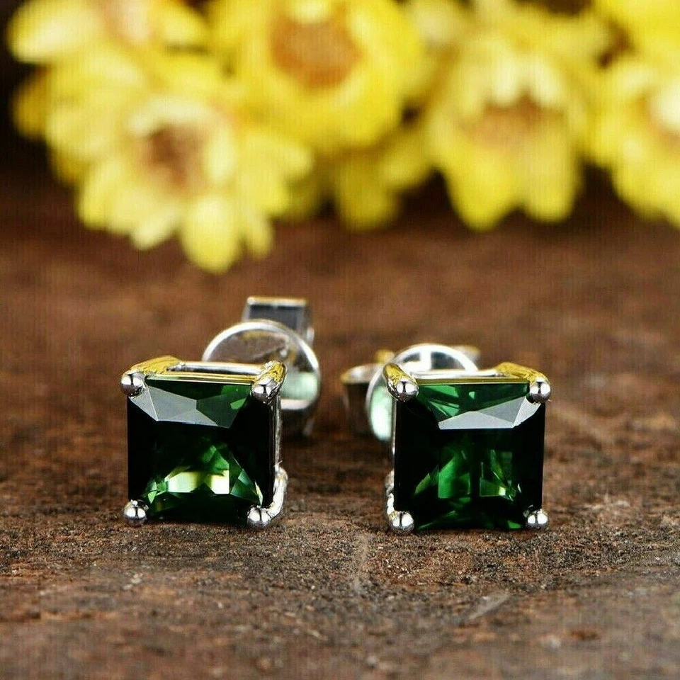 2Ct Princess Cut Lab Created Green Emerald Stud Earrings 14K White Gold Plated - Image 1 of 4