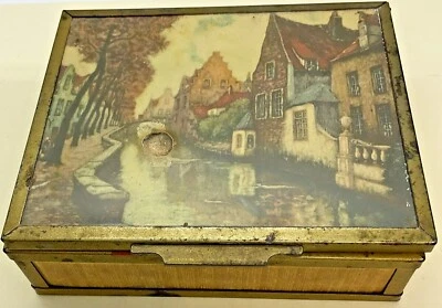 Vintage European Cottage Trinket Box Mirrored Wood & Metal 20th Century Folk Art - Image 1 of 4