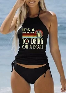 Women’s Tankini Halter 2pc Swimsuit Push Up Swimwear Fun Black Plus Size 2XL NWT - Picture 1 of 21