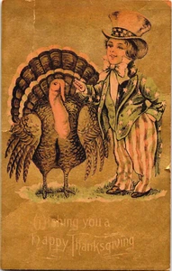 Thanksgiving Postcard Antique Patriotic Uncle Sam Turkey Greeting USA Unposted - Picture 1 of 5