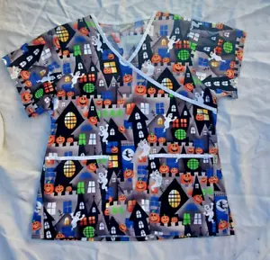 Tafford Scrub Top Large Womens Ladies Halloween Pumpkin Ghost Spooky Witch Moon - Picture 1 of 12