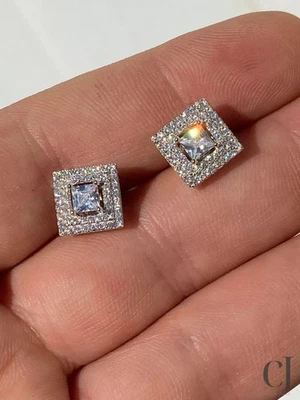 2.50 CT Princess Cut Halo Stud Moissanite Wedding Earring Solid 14K White Gold - Image 1 of 4