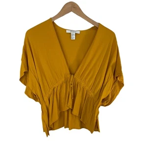 Forever 21 Women's V-Neck Babydoll Crop Top Peasant Mustard Sz XS Ruched Dolman - Picture 1 of 6