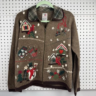 Vtg NutCracker Christmas Sweater Cabin Core Winter Birds Snowman Zip M - Image 1 of 4