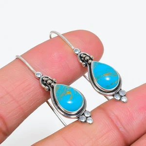 Copper Blue Turquoise Gemstone Handmade 925 Sterling Silver Jewelry Earrings - Picture 1 of 4