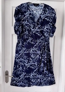 NEXT .. Navy mix Short Sleeve Cross Neck Wrap Dress Sz 20 - Picture 1 of 6
