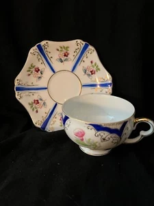 Vintage Ucagco Japan Tea Cup and Saucer Blue Pink White Gold Japan - Picture 1 of 7