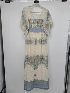 VTG Boho Maxi Dress, Hippie 1960s Floral & Lace Print Bell Sleeve Crochet Hem - Picture 1 of 24