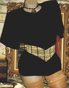 M Silk Shell Blouse Black Peachskin Short Sleeve & Blk Faux Pearl Earrings USA - Picture 1 of 5