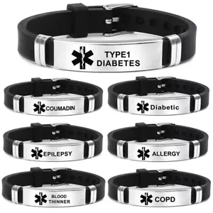 Braccialetto Personalizzato Allarme Medico ID Emergenza Silicone Braccialetto Regolabile - Foto 1 di 23
