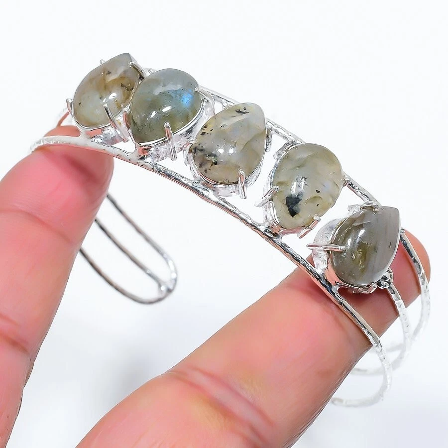 Labradorite Gemstone 925 Sterling Silver Jewelry Adjustable Cuff Bracelet - Image 1 of 1