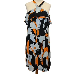 VERONIKA MAINE Floral Shift Dress Ruffle Cold Shoulder Size 12 Blue Orange - Picture 1 of 6