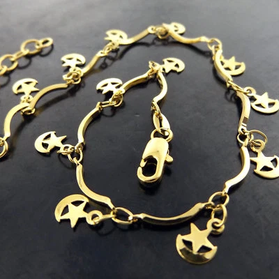 Anklet Bracelet Real 18k Yellow Filled Gold Solid Ladies Star Moon Charm Design - Image 1 of 3