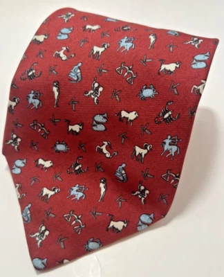 Corbata de cuello para hombre 100 % seda roja con patrón astrológico azul y blanco Cáncer Piscis Foto 1 de 4