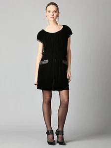 NWT Cynthia Steffe black velvet drop waist cap sleeve dress leather trim 8 M - Picture 1 of 6