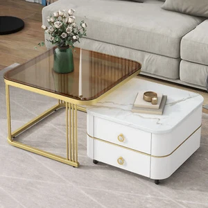 2-in-1 Nesting Coffee Tables w/Wheels &Drawers,Stacking Table w/Marble Grain Top - Picture 1 of 18