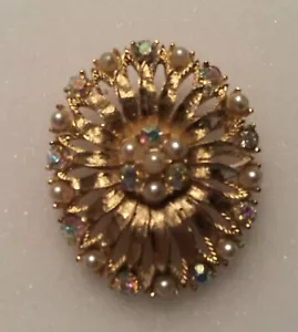 Vintage Pin Gold Pearls Stones 2” Oval - Picture 1 of 5