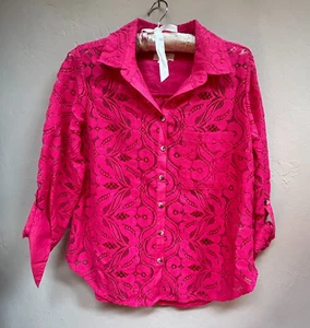 Anthropologie Maeve Womens Pink Rose Floral Lace Button Down Top Size 10 Petite - Picture 1 of 9