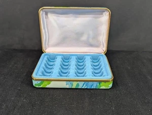 VTG Clamshell Jewelry Box Blue Green Floral Travel Rings Mod Velvet Lined 24 pc - Picture 1 of 8