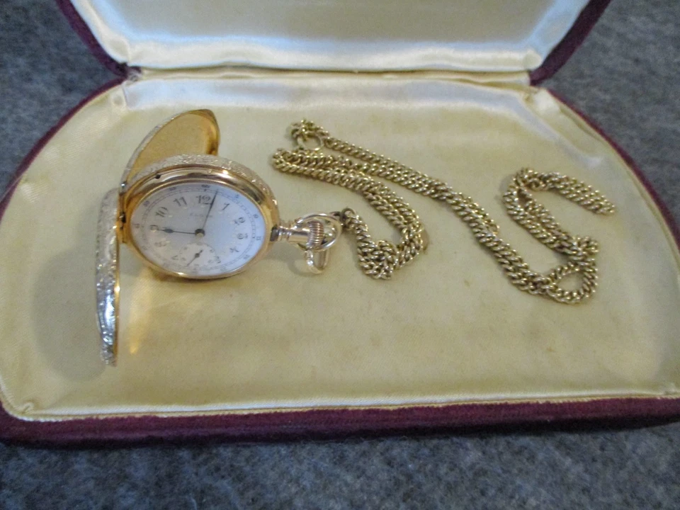 RELOJ BOLSILLO ELGIN 1905 14K EE. UU. ENSAYO ORO HUNTER 263 0s con 12k GF FOB-FUNCIONA-37,53g Foto 1 de 4