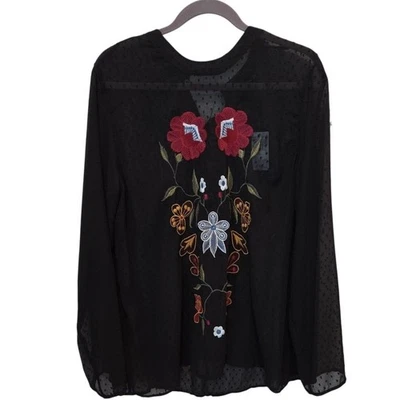 Boho Black Floral Embroidered Sheer Swiss Dot Blouse Top XL - Image 1 of 4