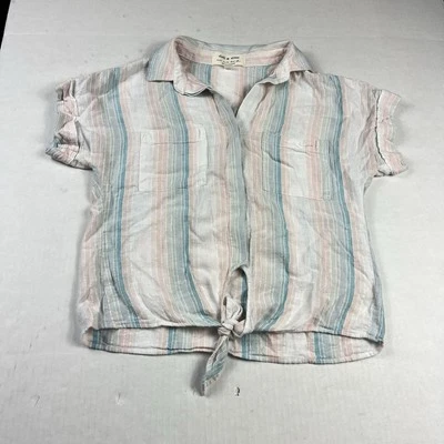 Blusa boho listrada tecido e pedra Anthropologie mistura de linho amarração frontal S - Imagem 1 de 4