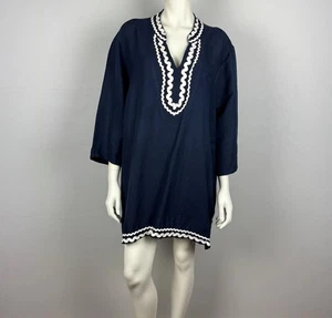 Blusa túnica caftán talla L My Size mezcla de lino manga 3/4 azul cuello en V para mujer - Imagen 1 de 13