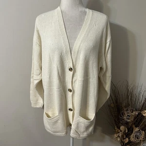 Vtg Westbound Women Ivory Cardigan Sweater Cable Knit Button Front V-neck Sz L - Picture 1 of 5