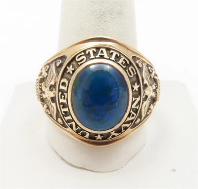 Juego de bisel ovalado de oro amarillo de 10 quilates espinela azul anillo de caballero de la Marina de los Estados Unidos talla 14 Foto 1 de 4