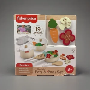 Fisher-Price Wooden Kitchen Pots & Pans Set 19 Wood Pieces for Preschool NEW - Picture 1 of 10