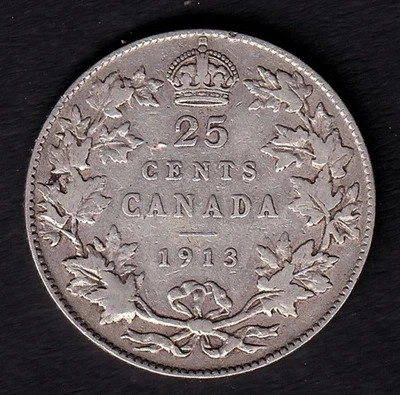 Canada 1913 25c Twenty Five Cent Silver Coin King George V F Fine .925 Silver - Image 1 of 2