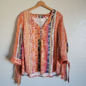Coldwater Creek 100% Silk V-Neck Tie Sleeve Top Women's 2X Brushstroke Artsy NEW - Picture 1 of 12