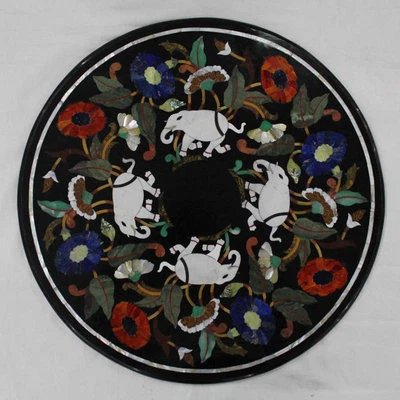 24" Marble Center Table Top Elephant Inlay Handmade For Home Decor And Garden - Image 1 of 4