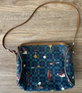Vtg Women’s Golf Print Blue Plaid Check Handbag Fabric Purse 9”x8” - Picture 1 of 4