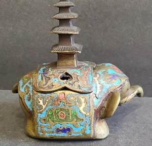 Chinese Bronze Metal Cloisonné Enamel Elephant Pagoda Incense Burner 4” Vintage - Picture 1 of 8